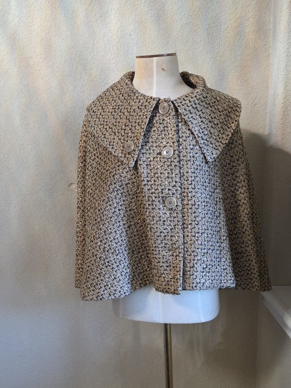 Kate Landry Neutral Tweed Cape with Oversized Collar